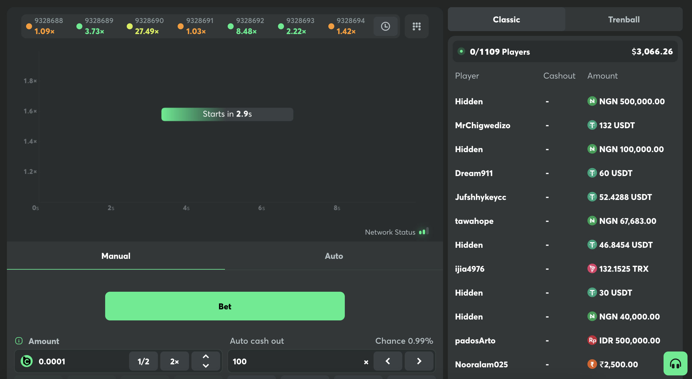 BC.Game Crash game showing the multiplier curve and live player bet feed