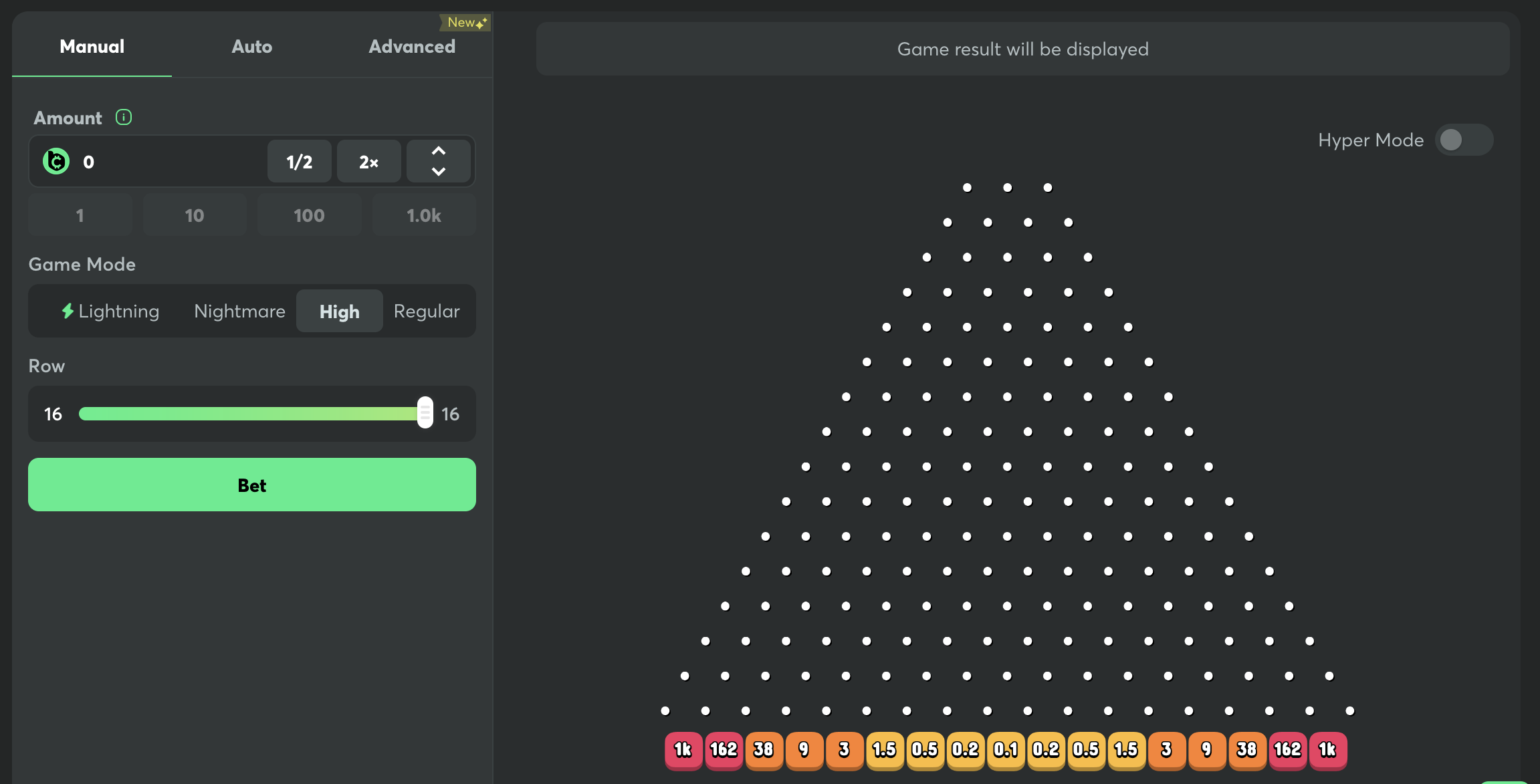 BC.Game Plinko board set to High risk with 16 rows and payout multipliers