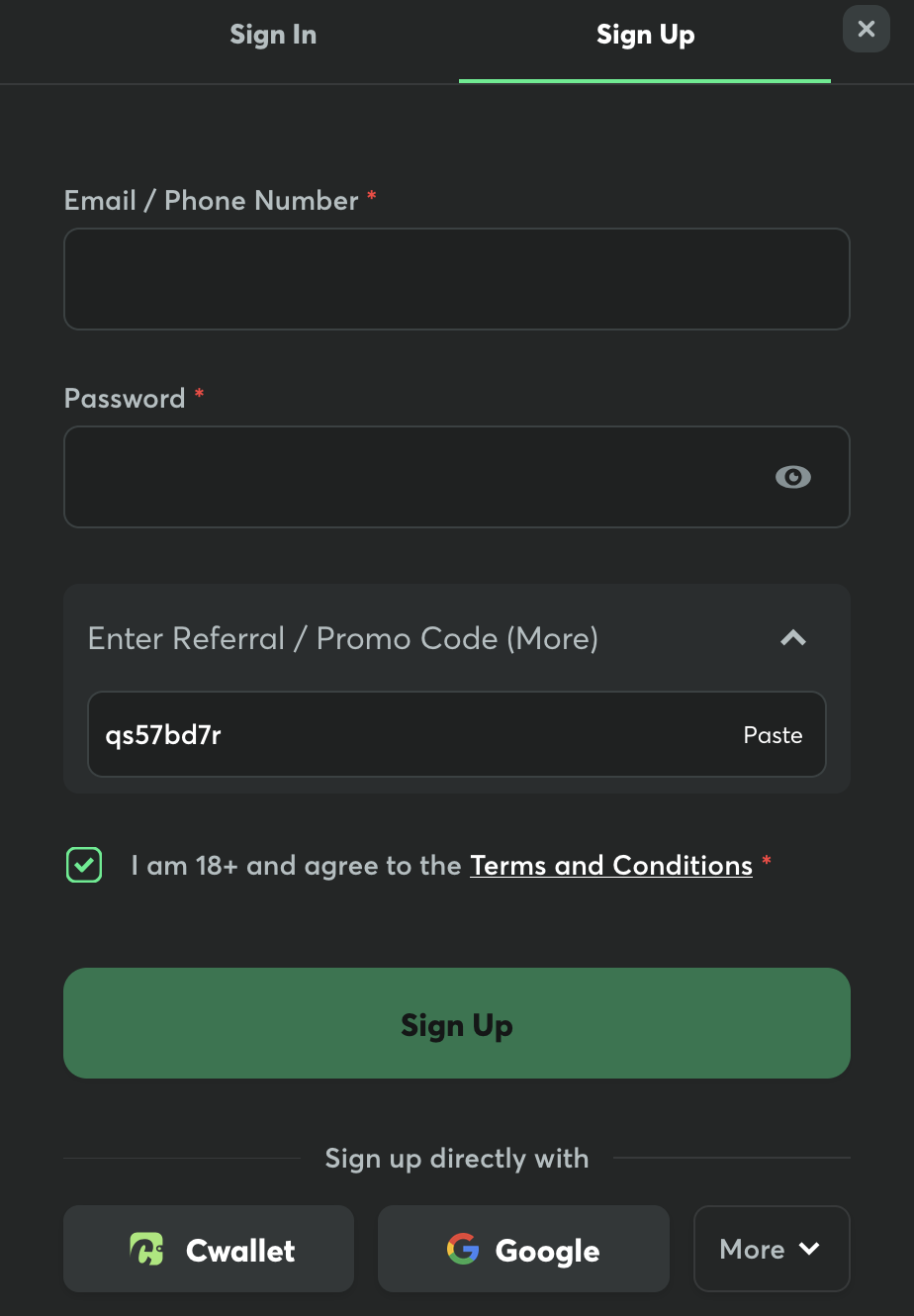 BC.Game sign-up form with promo code qs57bd7r typed into the Referral / Promo Code field